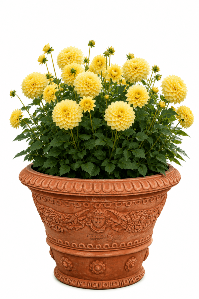 Terracottatopf aus Impruneta mit Engel- und Blumendekor